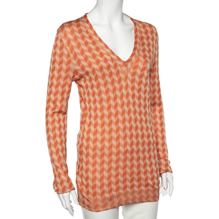 Pre Owned Bottega Veneta Orange Chevron Knit V-Neck Long Sleeve Sweater M