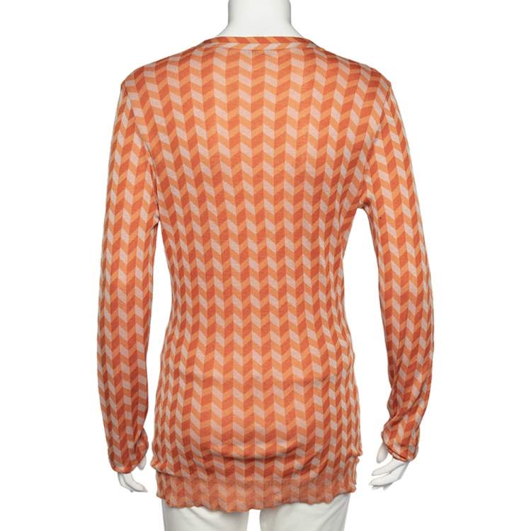 Pre Owned Bottega Veneta Orange Chevron Knit V-Neck Long Sleeve Sweater M