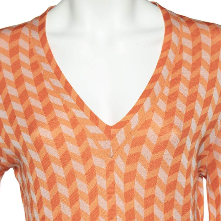 Pre Owned Bottega Veneta Orange Chevron Knit V-Neck Long Sleeve Sweater M