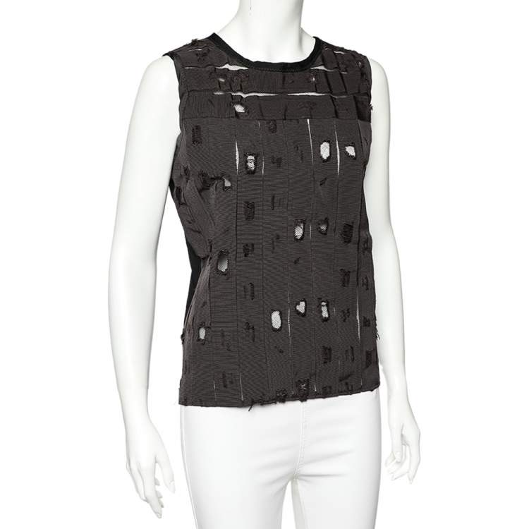 Pre Owned Bottega Veneta Brown Distressed Effect Mesh Inset & Silk Paneled Top M