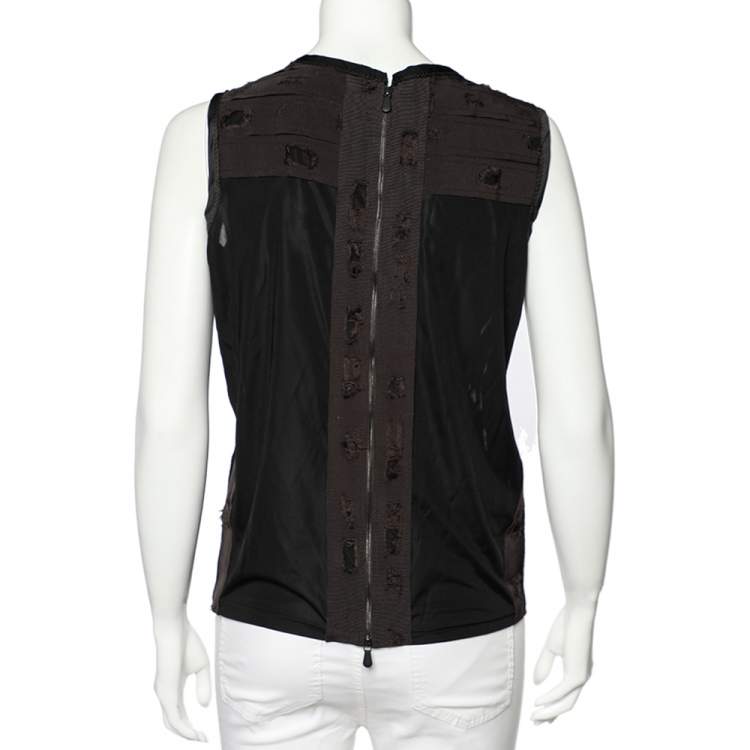 Pre Owned Bottega Veneta Brown Distressed Effect Mesh Inset & Silk Paneled Top M