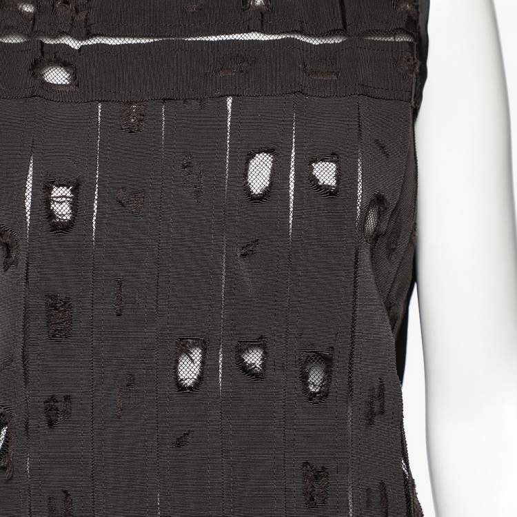 Pre Owned Bottega Veneta Brown Distressed Effect Mesh Inset & Silk Paneled Top M
