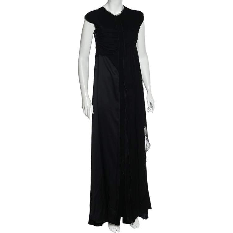 Pre Owned Bottega Veneta Black Silk Draped Detail Button Front Maxi Dress M