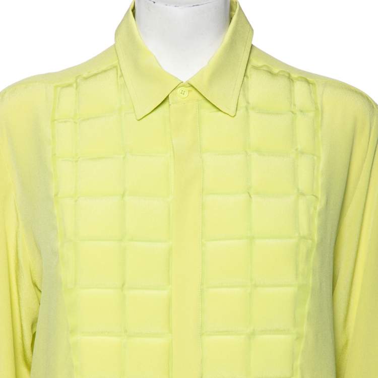 Pre Owned Bottega Veneta Green Silk & Quilted Plastron Detailed Tuxedo Shirt M