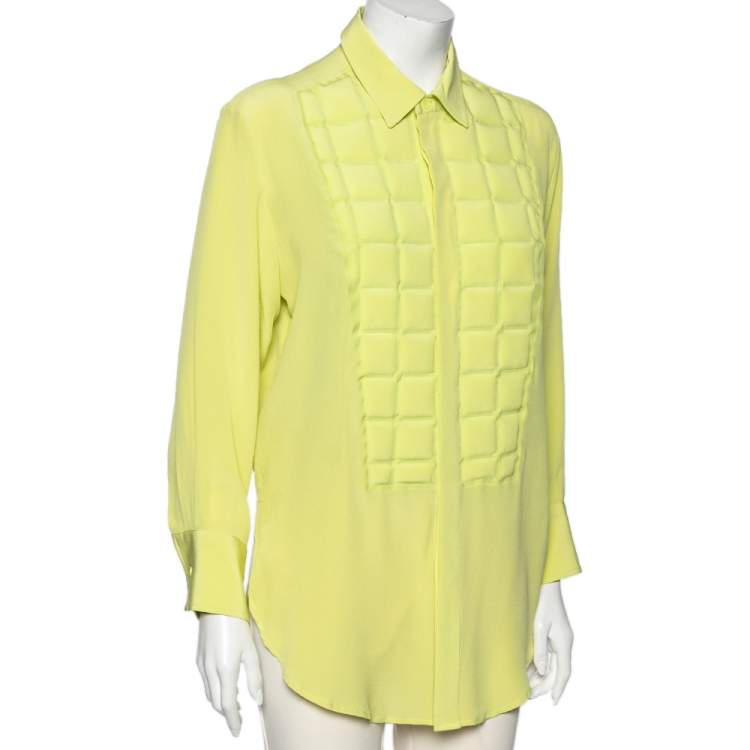 Pre Owned Bottega Veneta Green Silk & Quilted Plastron Detailed Tuxedo Shirt M