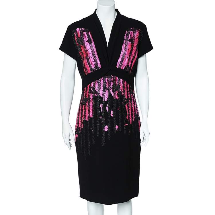 Pre Owned Bottega Veneta Black Crepe Contrast Trim Sheath Dress L