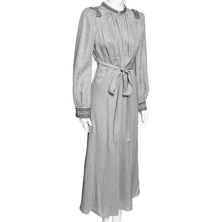 Pre Owned Bottega Veneta Blue Metallic Silk Embellished Belted Dress M
