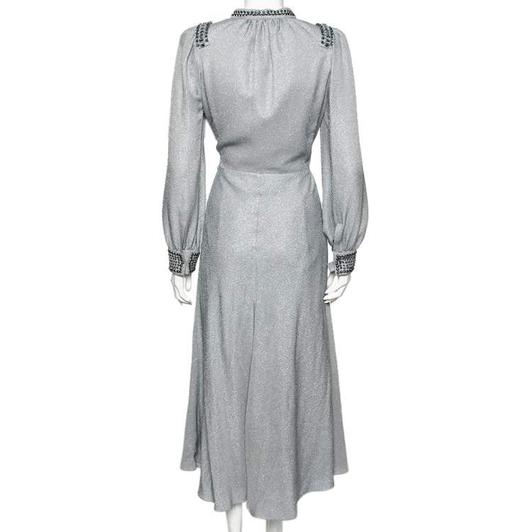 Pre Owned Bottega Veneta Blue Metallic Silk Embellished Belted Dress M