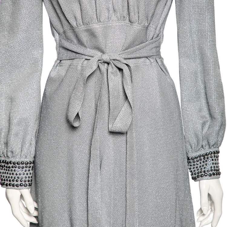 Pre Owned Bottega Veneta Blue Metallic Silk Embellished Belted Dress M