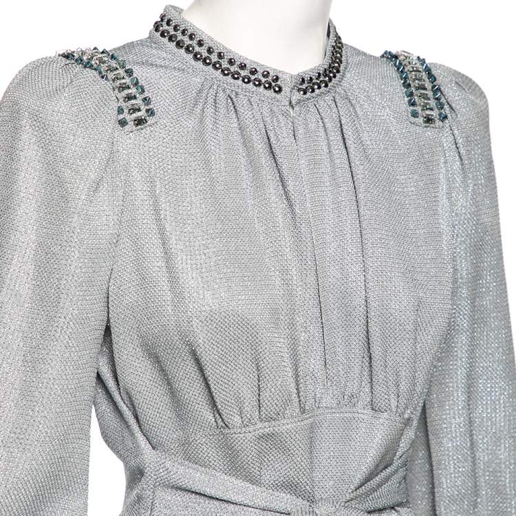Pre Owned Bottega Veneta Blue Metallic Silk Embellished Belted Dress M
