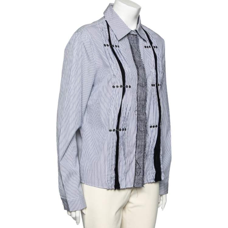 Pre Owned Bottega Veneta White and Blue Striped Cotton Lace and Studded Detailed Long Sleeve Shirt M