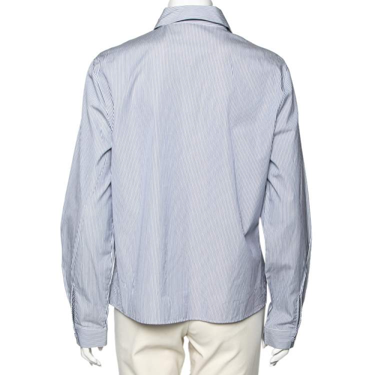 Pre Owned Bottega Veneta White and Blue Striped Cotton Lace and Studded Detailed Long Sleeve Shirt M
