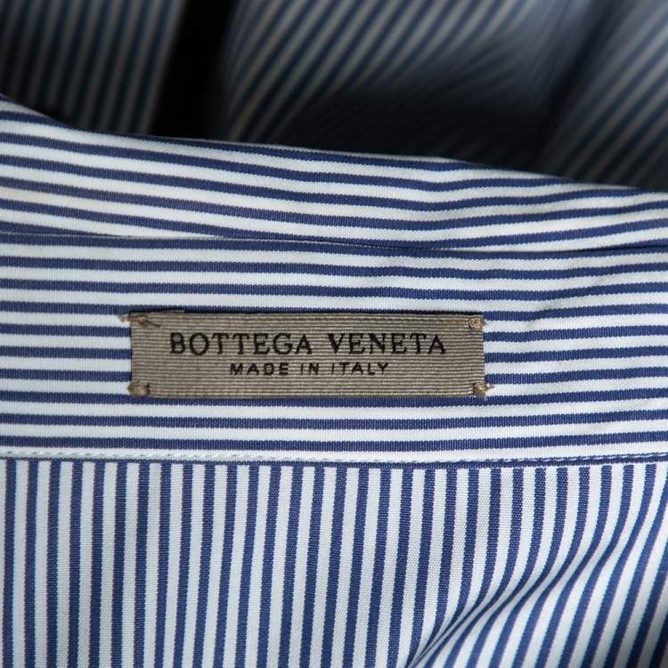 Pre Owned Bottega Veneta White and Blue Striped Cotton Lace and Studded Detailed Long Sleeve Shirt M