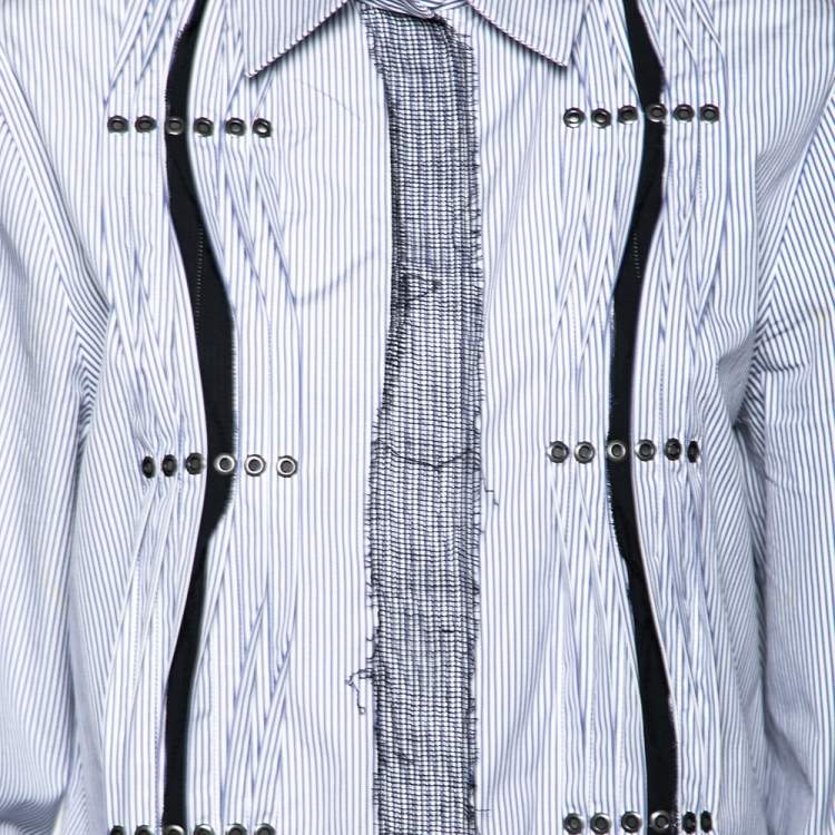 Pre Owned Bottega Veneta White and Blue Striped Cotton Lace and Studded Detailed Long Sleeve Shirt M
