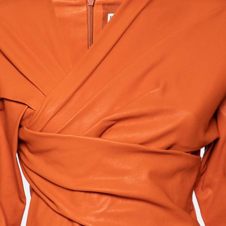 Pre Owned Bottega Veneta Orange Leather Wrap Detail Knee Length Dress S