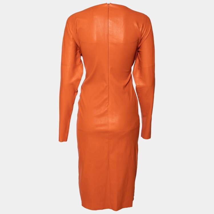 Pre Owned Bottega Veneta Orange Leather Wrap Detail Knee Length Dress S