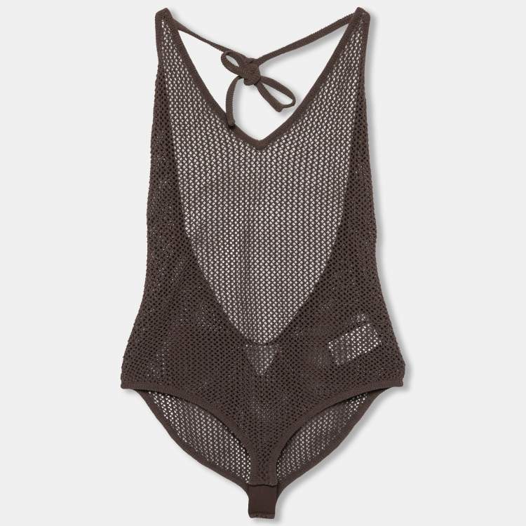 Pre Owned Bottega Veneta Brown Open Knit Halter Neck Bodysuit XL