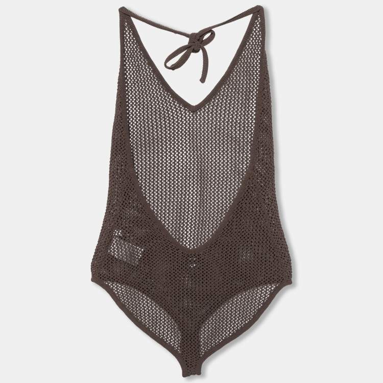 Pre Owned Bottega Veneta Brown Open Knit Halter Neck Bodysuit XL