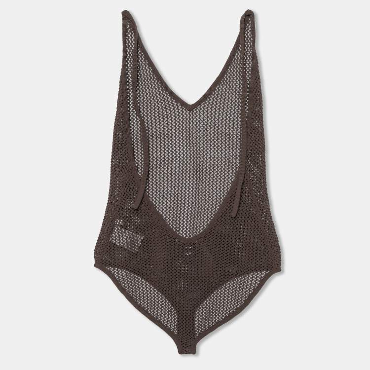 Pre Owned Bottega Veneta Brown Open Knit Halter Neck Bodysuit XL
