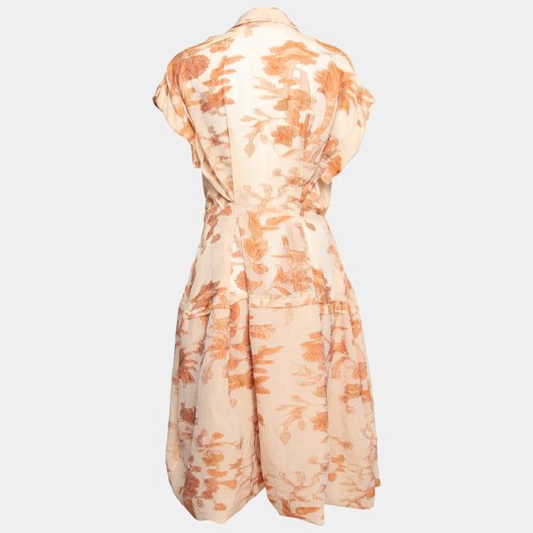Pre Owned Bottega Veneta Orange Floral Embroidered Silk Wrap Detail Dress M