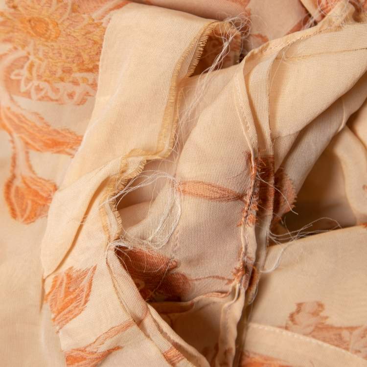 Pre Owned Bottega Veneta Orange Floral Embroidered Silk Wrap Detail Dress M
