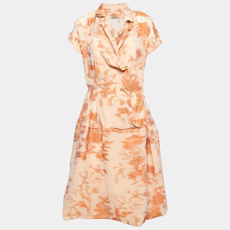 Pre Owned Bottega Veneta Orange Floral Embroidered Silk Wrap Detail Dress M