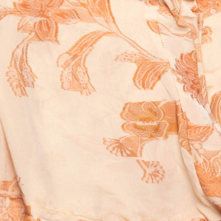 Pre Owned Bottega Veneta Orange Floral Embroidered Silk Wrap Detail Dress M