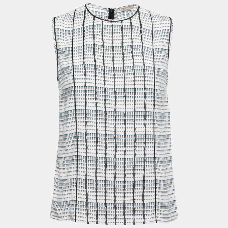 Pre Owned Bottega Veneta Black & White Geometric Printed Silk Sleeveless Top S