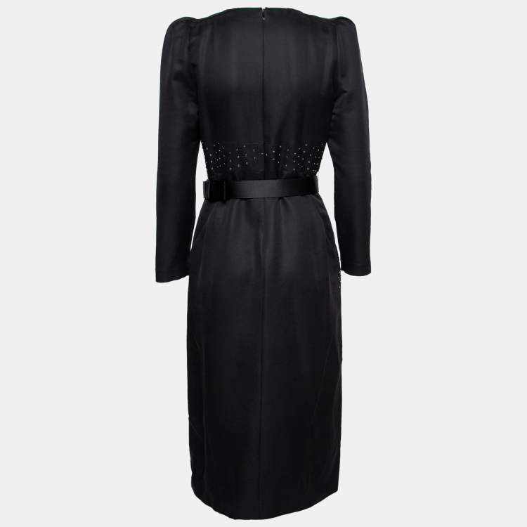 Pre Owned Bottega Veneta Black Crepe Studded Belted Dress M 