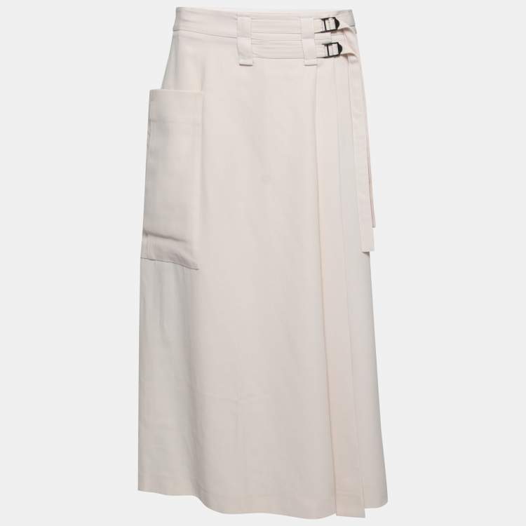 Pre Owned Bottega Veneta Cream Wool Buckled Waist Wrap Midi Skirt S
