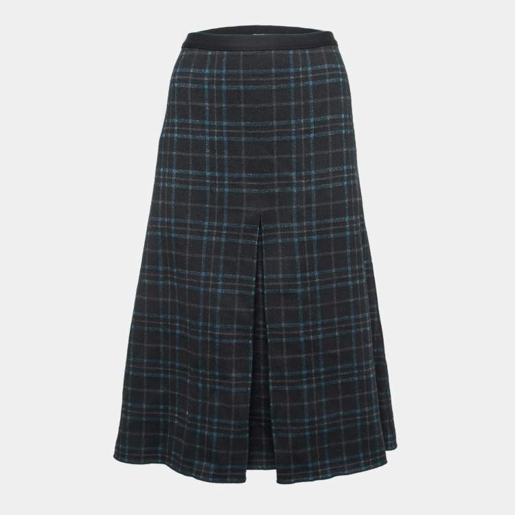 Pre Owned Bottega Veneta Black & Metallic Plaid Wool Pleated Midi Skirt L    