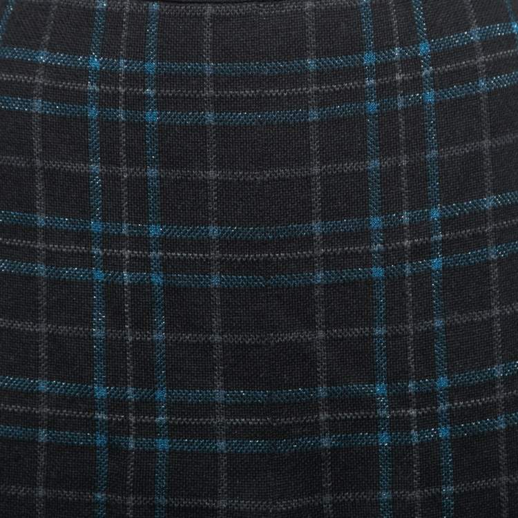 Pre Owned Bottega Veneta Black & Metallic Plaid Wool Pleated Midi Skirt L    