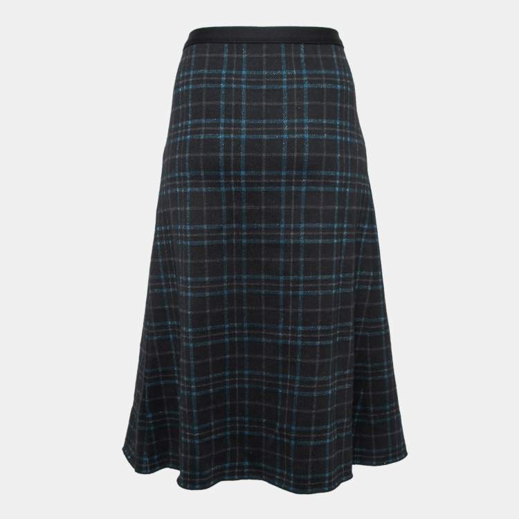 Pre Owned Bottega Veneta Black & Metallic Plaid Wool Pleated Midi Skirt L    