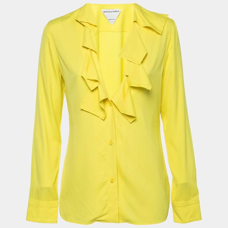 Pre Owned Bottega Veneta Yellow Stretch Crepe Ruffle Neck Top S