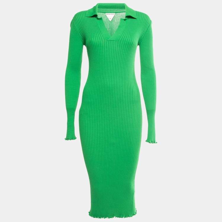 Bottega Veneta Green Ribbed Cotton Knit Collared Dress M