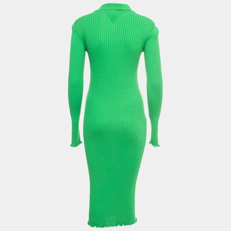 Pre Owned Bottega Veneta Green Ribbed Cotton Knit Collared Dress M