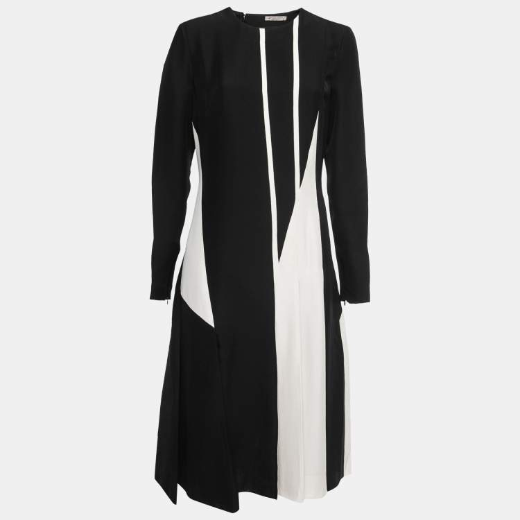 Pre Owned Bottega Veneta Monochrome Patterned Crepe Pleated Midi Dress M