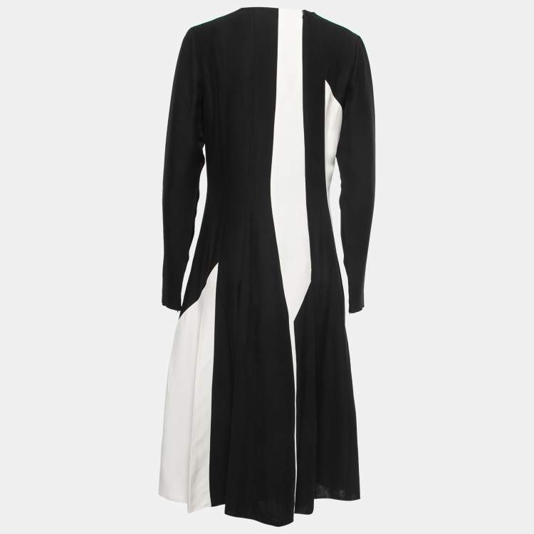 Pre Owned Bottega Veneta Monochrome Patterned Crepe Pleated Midi Dress M