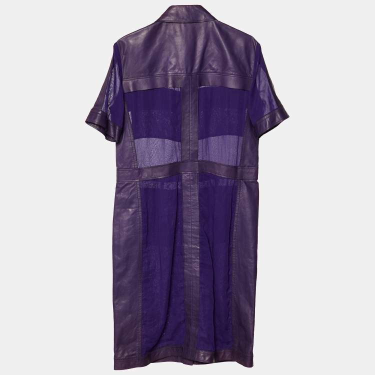 Pre Owned Bottega Veneta Purple Leather & Cotton Button Front Midi Dress L