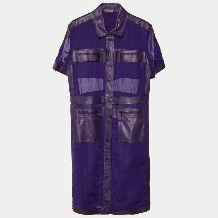 Pre Owned Bottega Veneta Purple Leather & Cotton Button Front Midi Dress L
