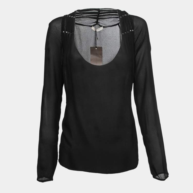 Pre Owned Bottega Veneta Black Gorgette Studded Long Sleeve Top M