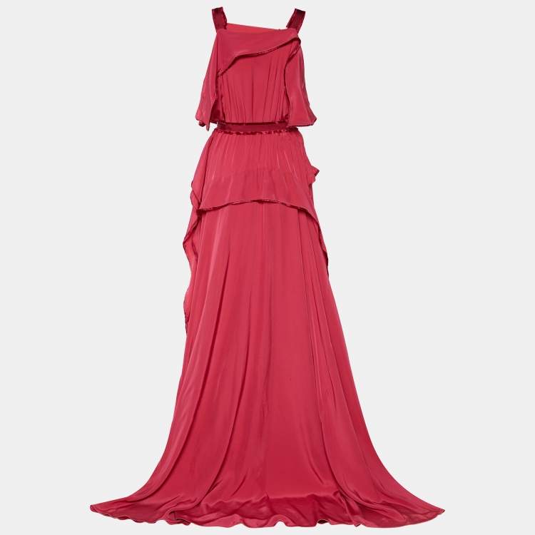 Pre Owned Bottega Veneta Pink Satin Scarf hem Detail Belted Sleeveless Gown M