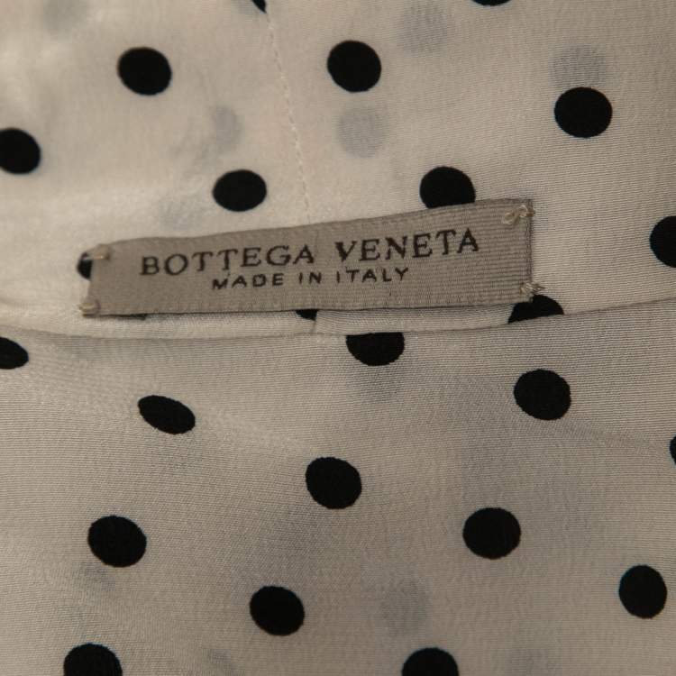 Pre Owned Bottega Veneta Off-White Polka Dotted Silk Tie Neck Detail Long Sleeve Blouse M