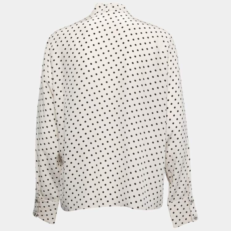 Pre Owned Bottega Veneta Off-White Polka Dotted Silk Tie Neck Detail Long Sleeve Blouse M