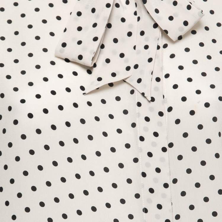 Pre Owned Bottega Veneta Off-White Polka Dotted Silk Tie Neck Detail Long Sleeve Blouse M