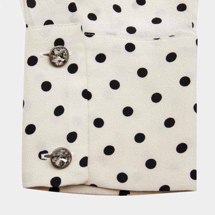 Pre Owned Bottega Veneta Off-White Polka Dotted Silk Tie Neck Detail Long Sleeve Blouse M