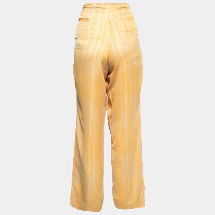 Pre Owned Bottega Veneta Yellow Striped Satin Wide Leg Trousers L