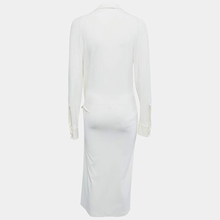 Pre Owned Bottega Veneta White Jersey Trim Detail Long Sleeve Midi Dress M