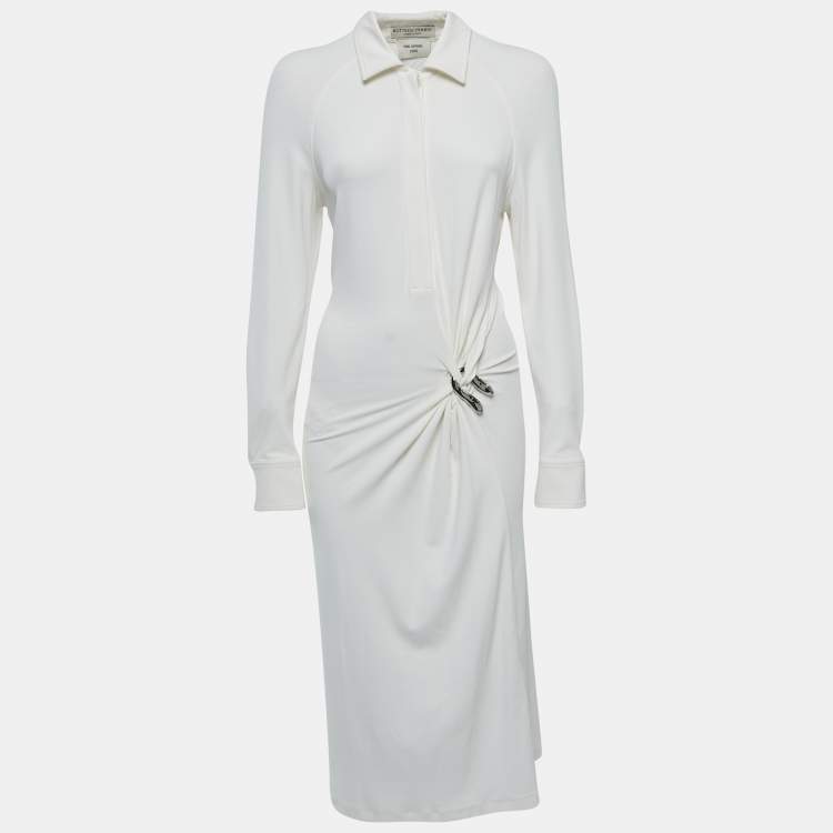 Pre Owned Bottega Veneta Off-White Stretch Knit Long Sleeve Midi Dress S