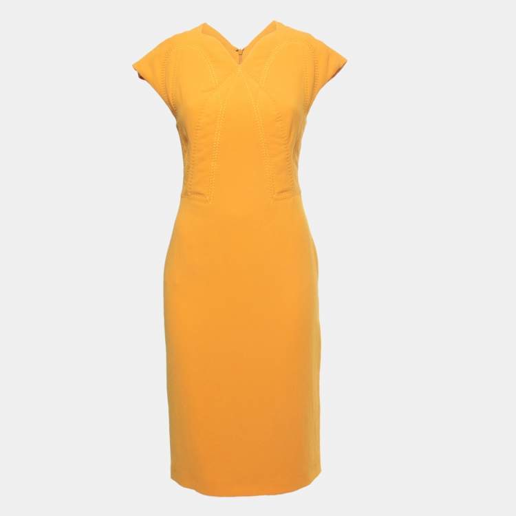 Pre Owned Bottega Veneta Yellow Crepe Cap Sleeve Midi Dress S